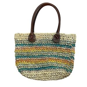 Cappelli Straworld Stripe Handbag Woven Rattan Purse 13.5x17 inches